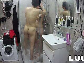 Luuv Alice tattoos flash shaved pussy and natural tits showering with boyfriend voyeur