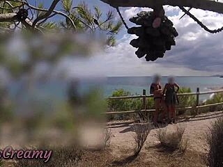 dick flash on beach path 😏 french girl grabs it and makes me cum in her mouth - caught!🌊💦