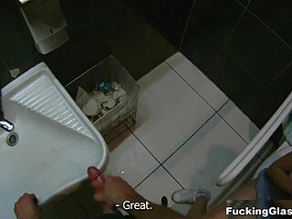 glasses teen blows to orgasm in public restroom