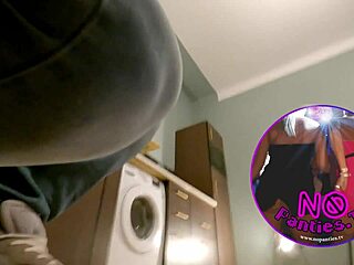 Wow hot brunette in kitchen bra panties drops undies under miniskirt to flash shaved pussy!