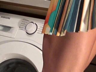 Wow hot brunette in kitchen bra panties drops undies under miniskirt to flash shaved pussy!