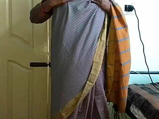Horny desi wife vanitha in grey saree squeezes huge boobs rubs shaved pussy desperately