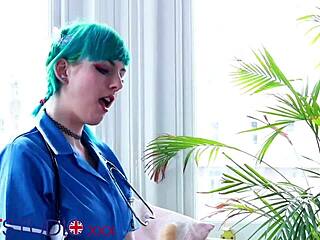 blue haired nurse in lingerie strokes your cock during hospital visit