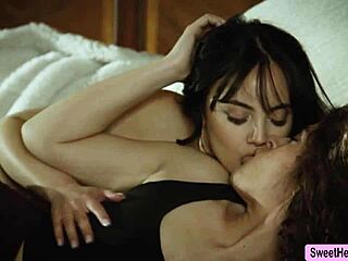 brunette lesbian couple worships each other's big tits and pussies with facesitting on the bed