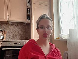 Kinky Woman in Glasses Flaunts Huge Assets and Long Nails Fetish