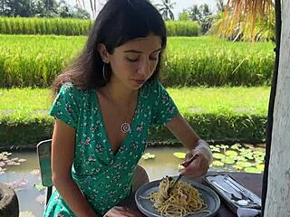 public cumwalk cafe pasta topped with fresh sperm facial